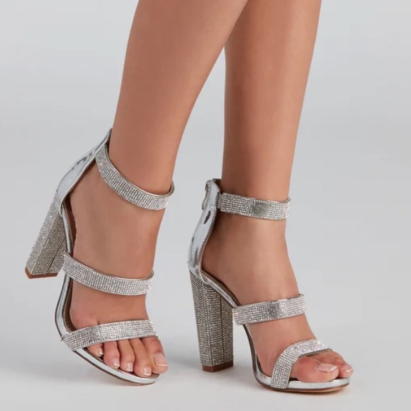 Sparkle Scene Rhinestone Chrome Block Heels - Picture 1 of 7